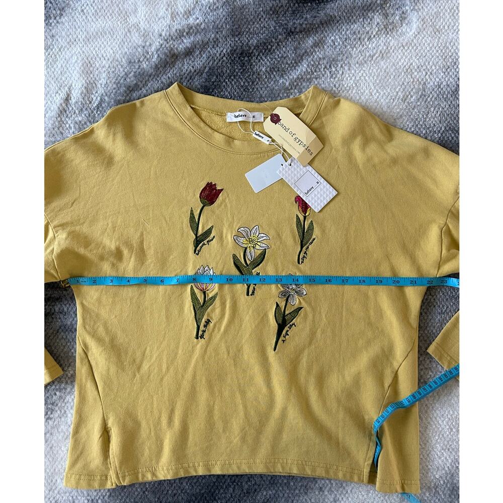Believe... Floral Embroidered 3/4 Sleeve Cut Out Arm Tie Yellow Sweater Size XL - Picture 6 of 9